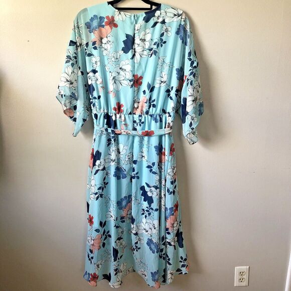 Lane Bryant Faux Wrap Dress 16 Floral Midi Sheer Ruffle Belted Feminine Girly - Picture 10 of 13